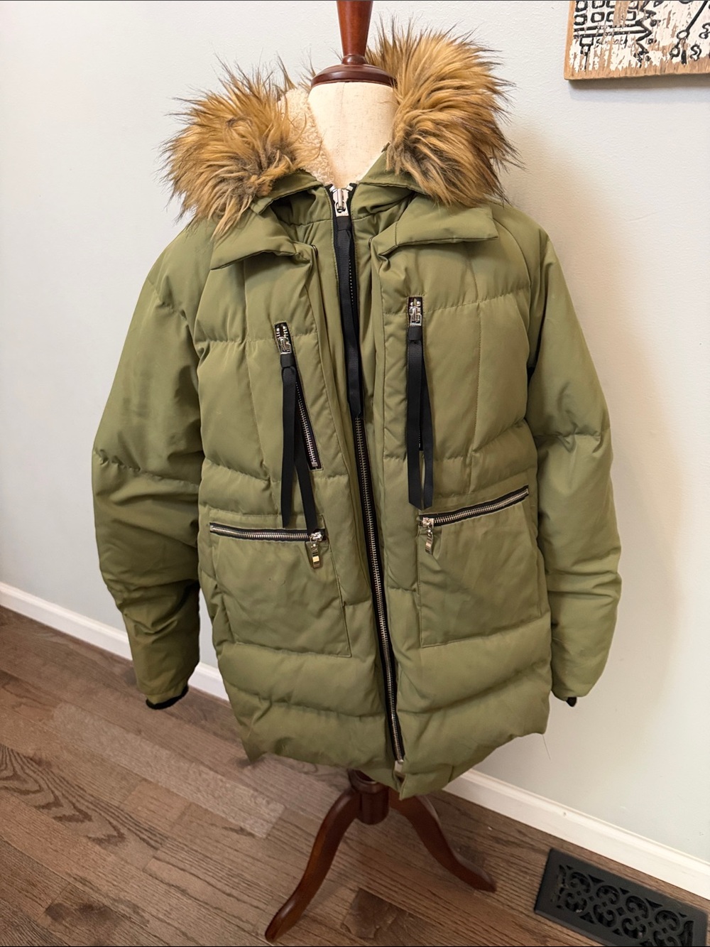 Women's Olive Green Puffer Coat with Faux Fur Trim Hood